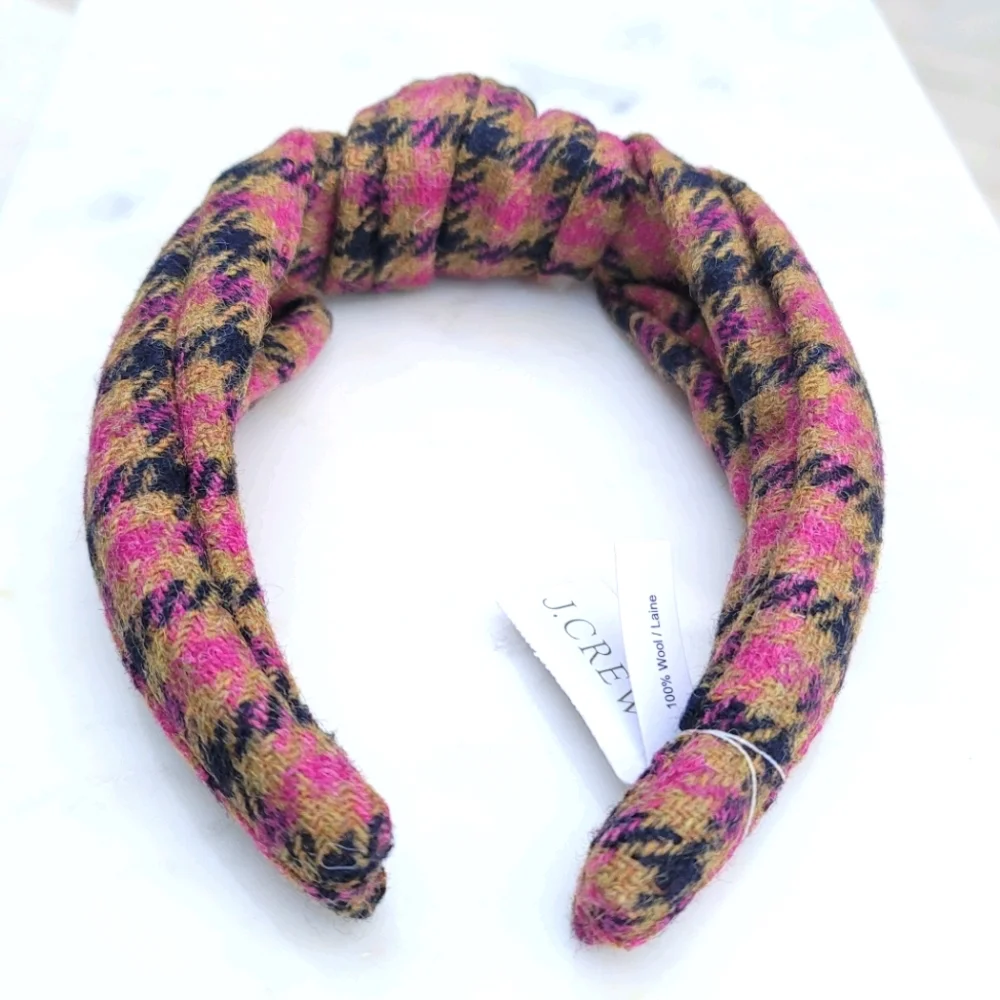 New! J Crew Turban Knot Brown Wool Houndstooth Plaid Headband NWT